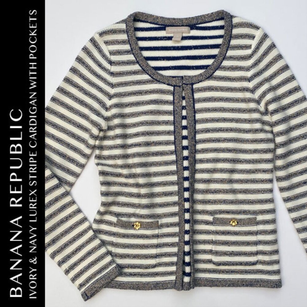 NWOT Banana Republic Ivory & Navy Lurex Stripe Cardigan With Pockets Size M